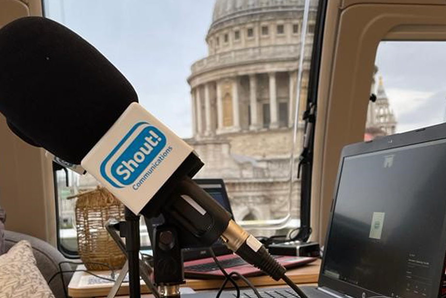Podcast production in London - Shows a microphone with a view of St Paul's Cathedral