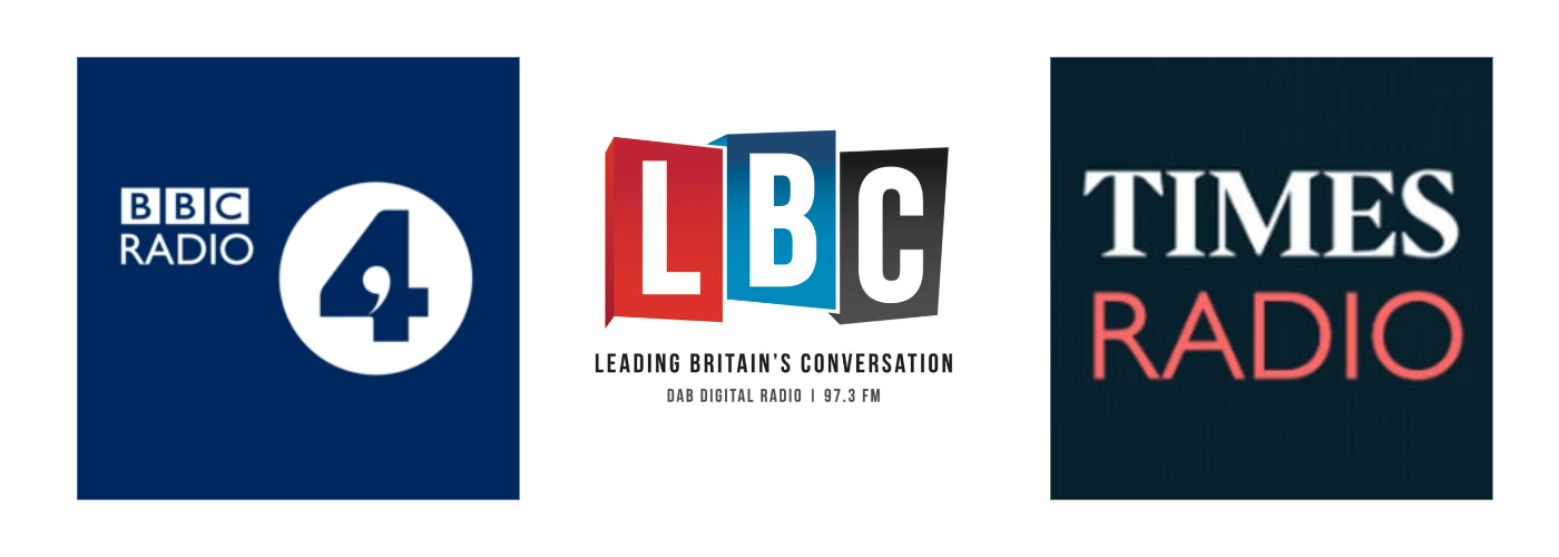 Logos for Radio 4, LBC and Times Radio