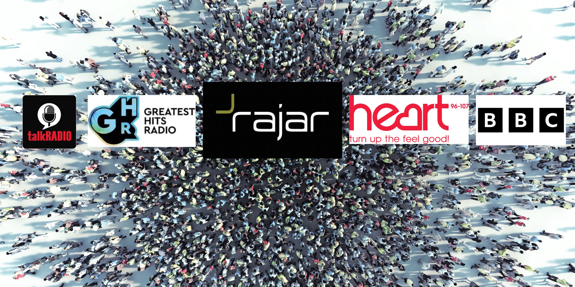 Crowds of people and RAJAR logo