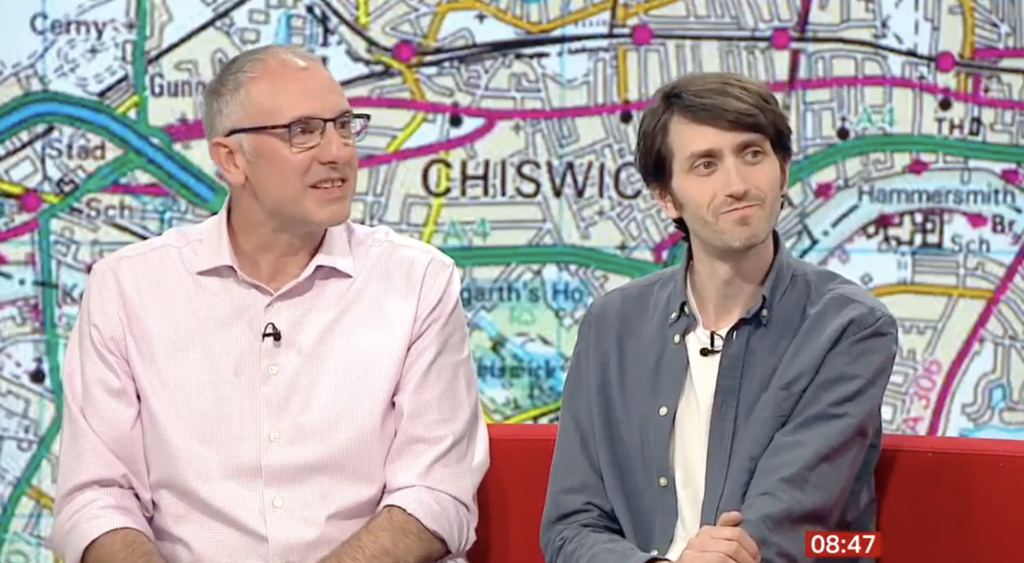 Nick Giles, MD of Ordnance survey and Jay Foreman, one half of the duo Map Men, on the set of BBC Breakfast