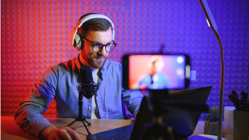 man taking part in video podcast