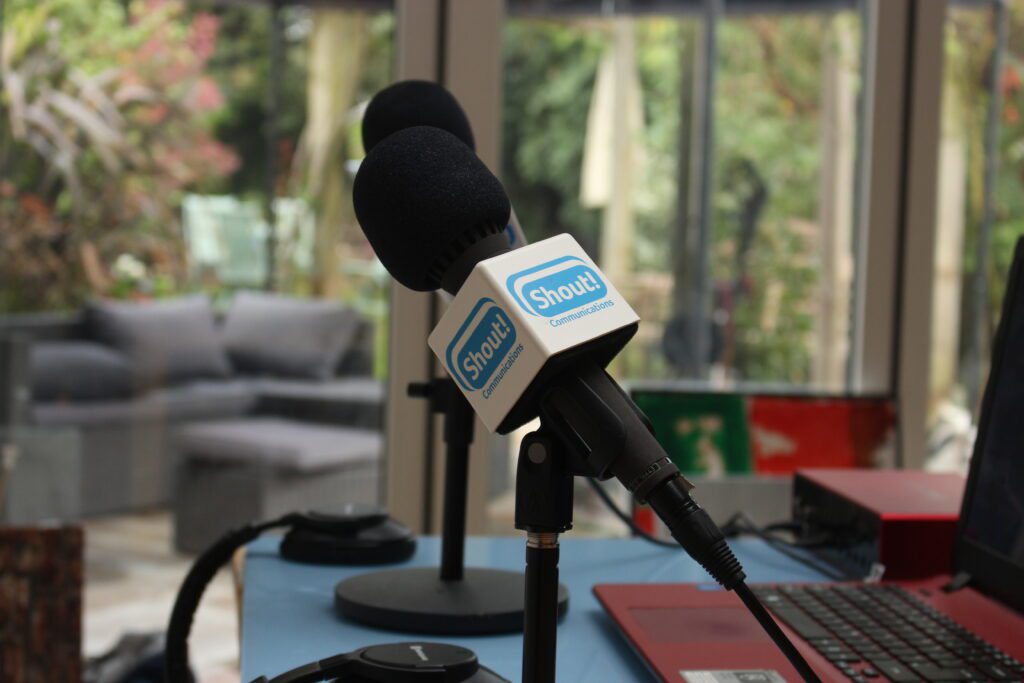 two microphones with shout branding 