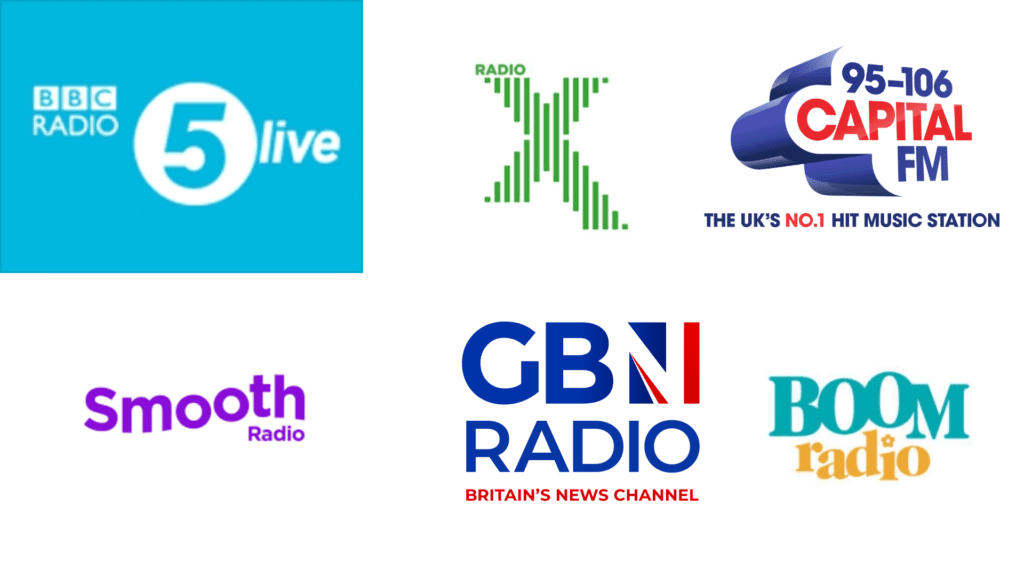 national radio logos including radio 5 live and capital FM 