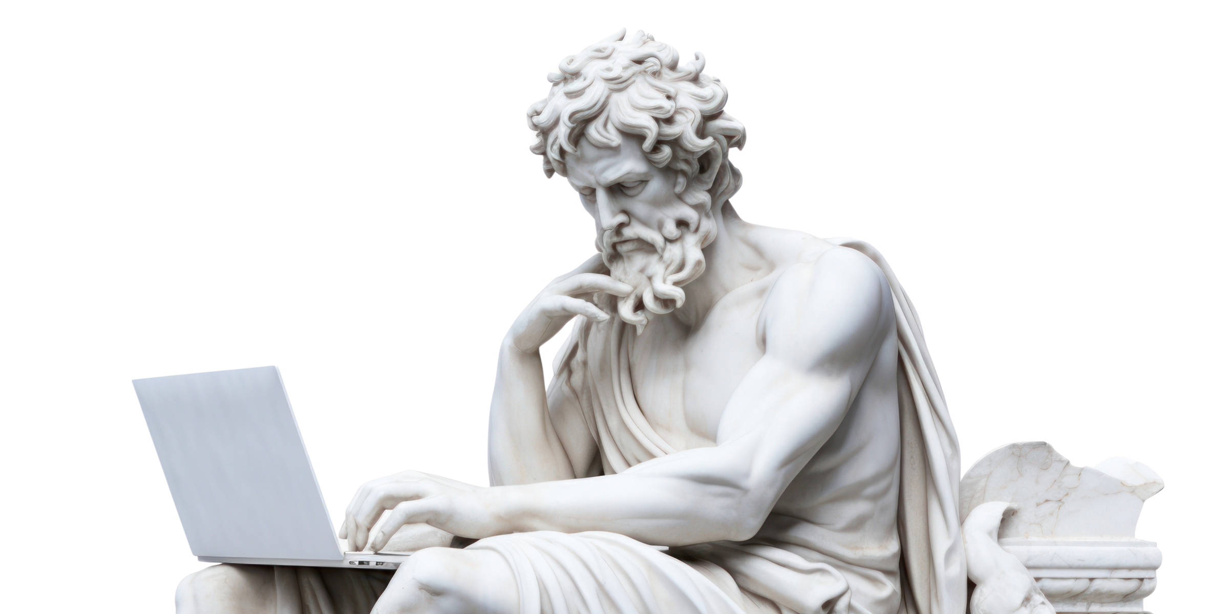 classical statue holding a laptop